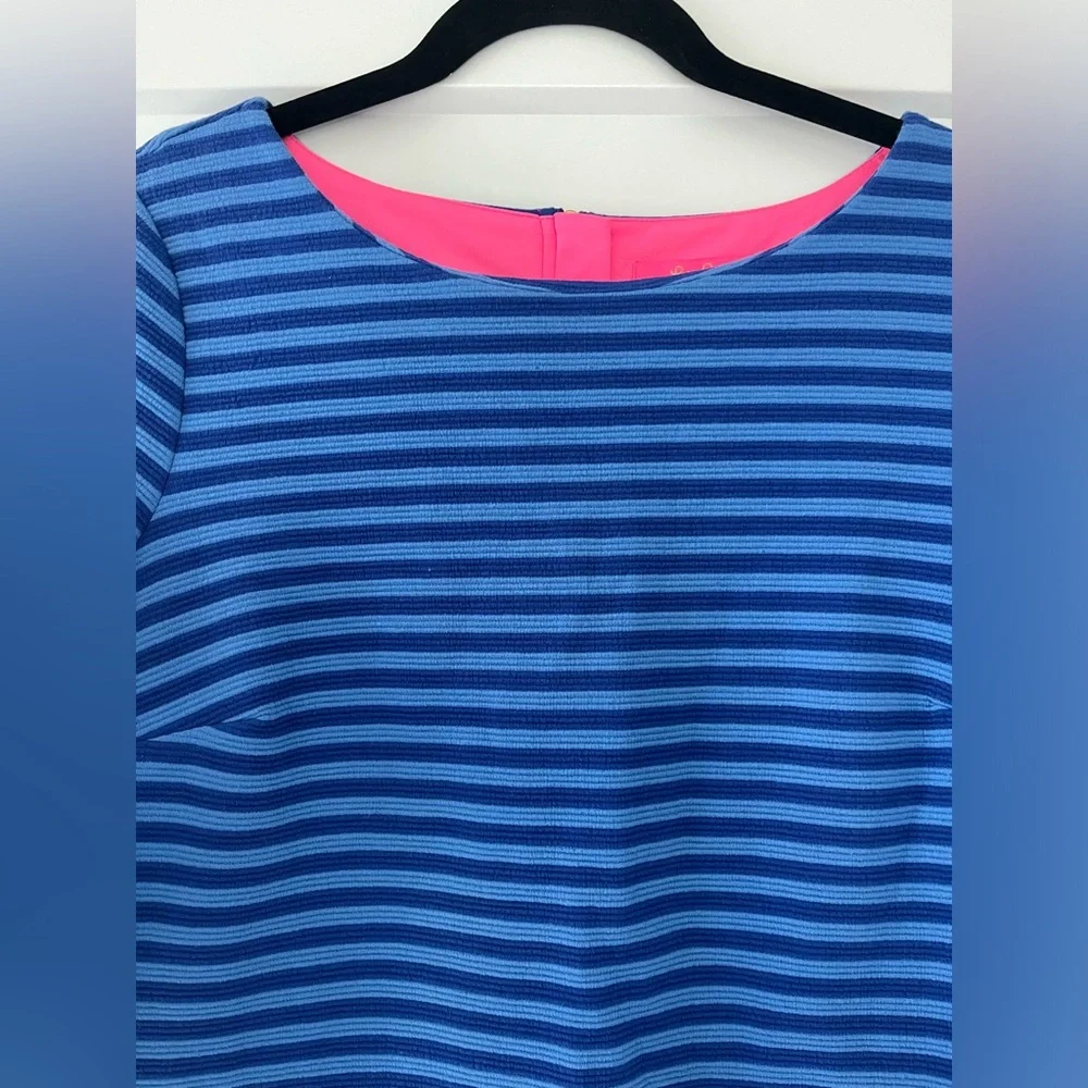 Lilly Pulitzer Alden Blue Grotto Ottoman Striped Bell Sleeve Shift Dress, Medium